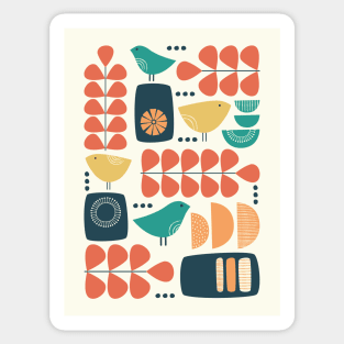 Retro Mid Century Modern Bird and Leaves in charcoal, teal, orange and yellow Sticker